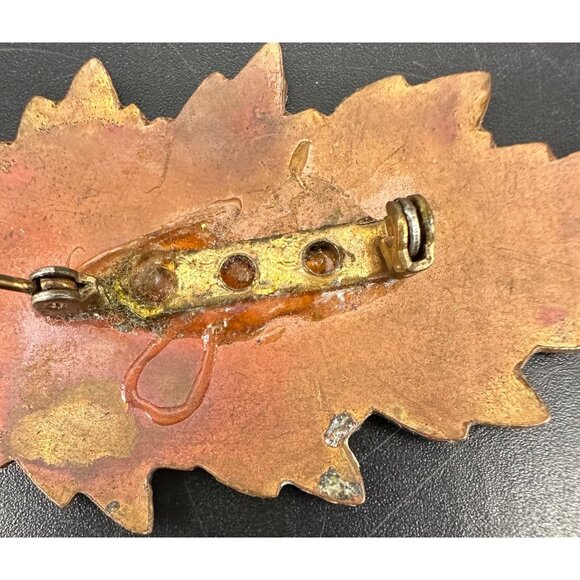 Vintage Autumn Leaf Brooch Pin Enamel on Copper Statement Fall Jewelry Orange - Picture 5 of 8